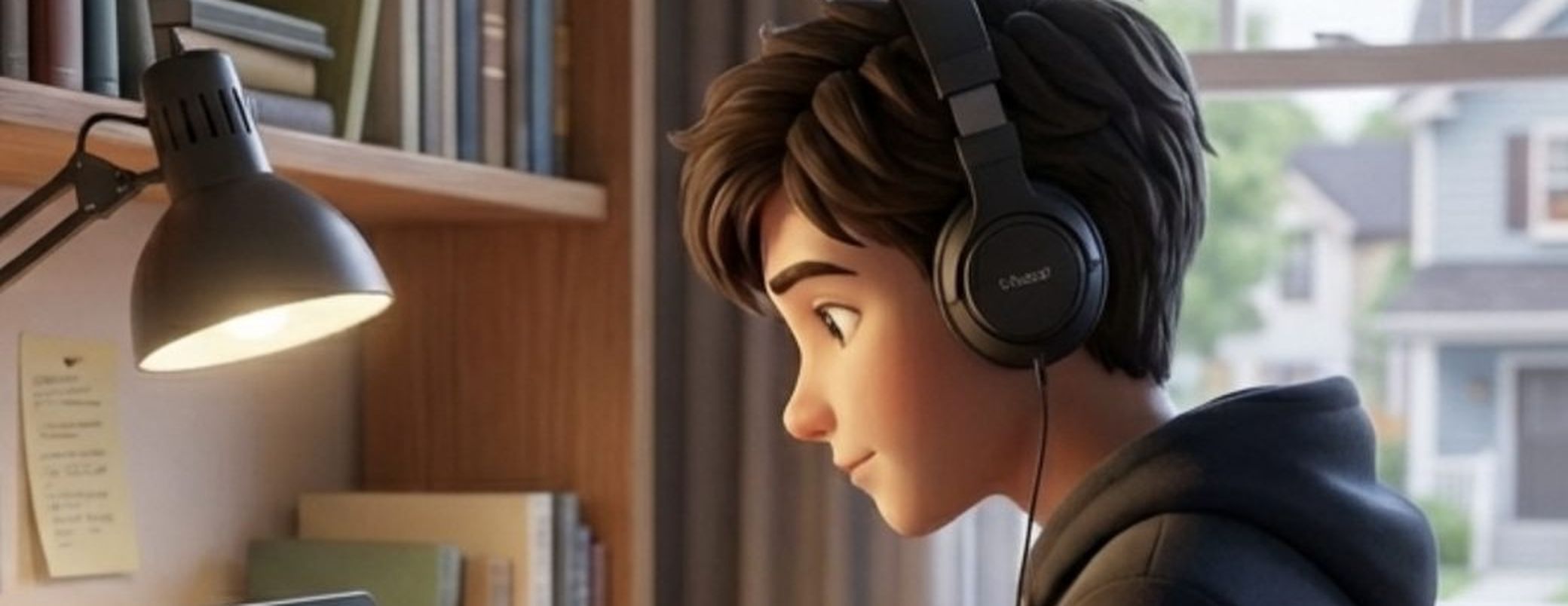 A student at a desk at home, headphones on, revising by lamplight