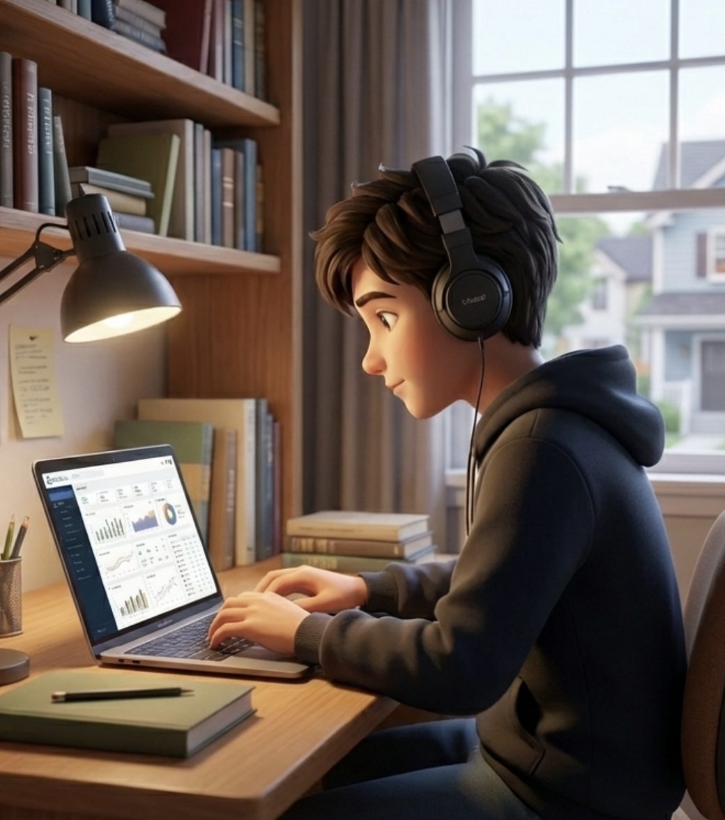 A student revising at a desk at home, headphones on, laptop open in front of them